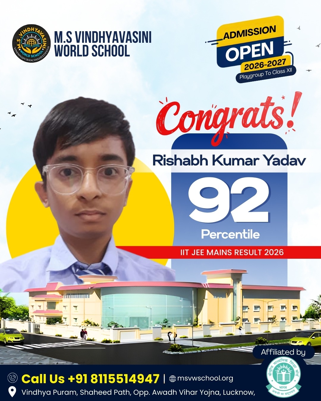 Rishabh Kumar Yadav Scores 92 Percentile in IIT JEE Mains 2026 – A Proud Moment for M.S Vindhyavasini World School