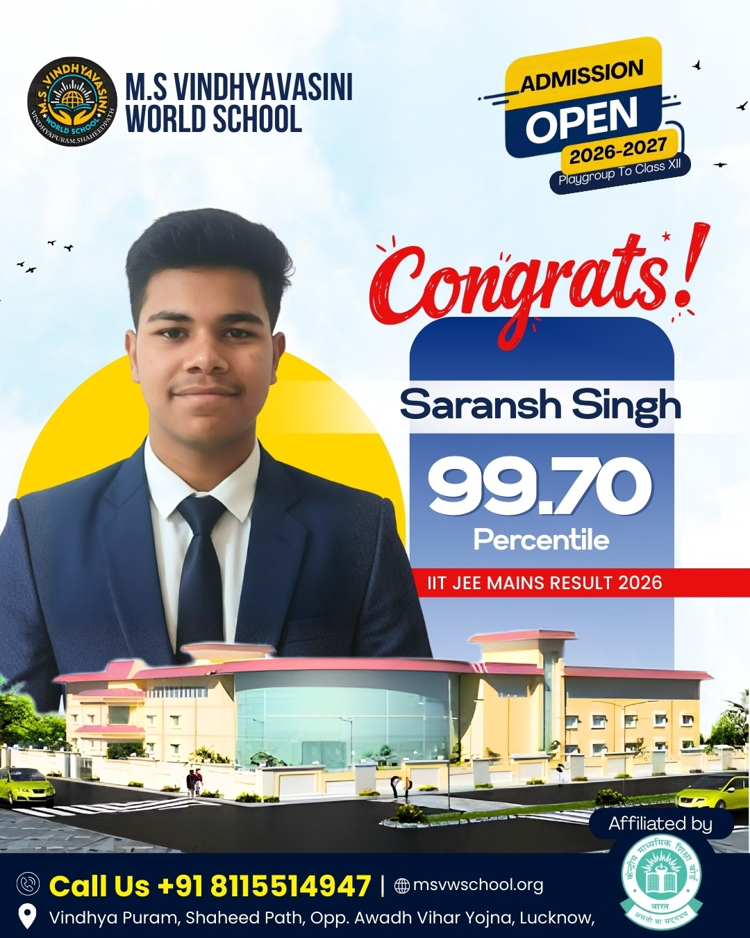 Saransh Singh Achieves 99.70 Percentile in IIT JEE Mains 2026 – A Remarkable Milestone